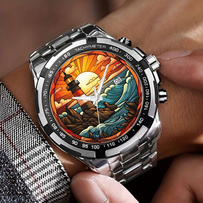 Sunset Sentinel Stained Glass Lighthouse Watch | Atlantic Coastal Art Timepiece