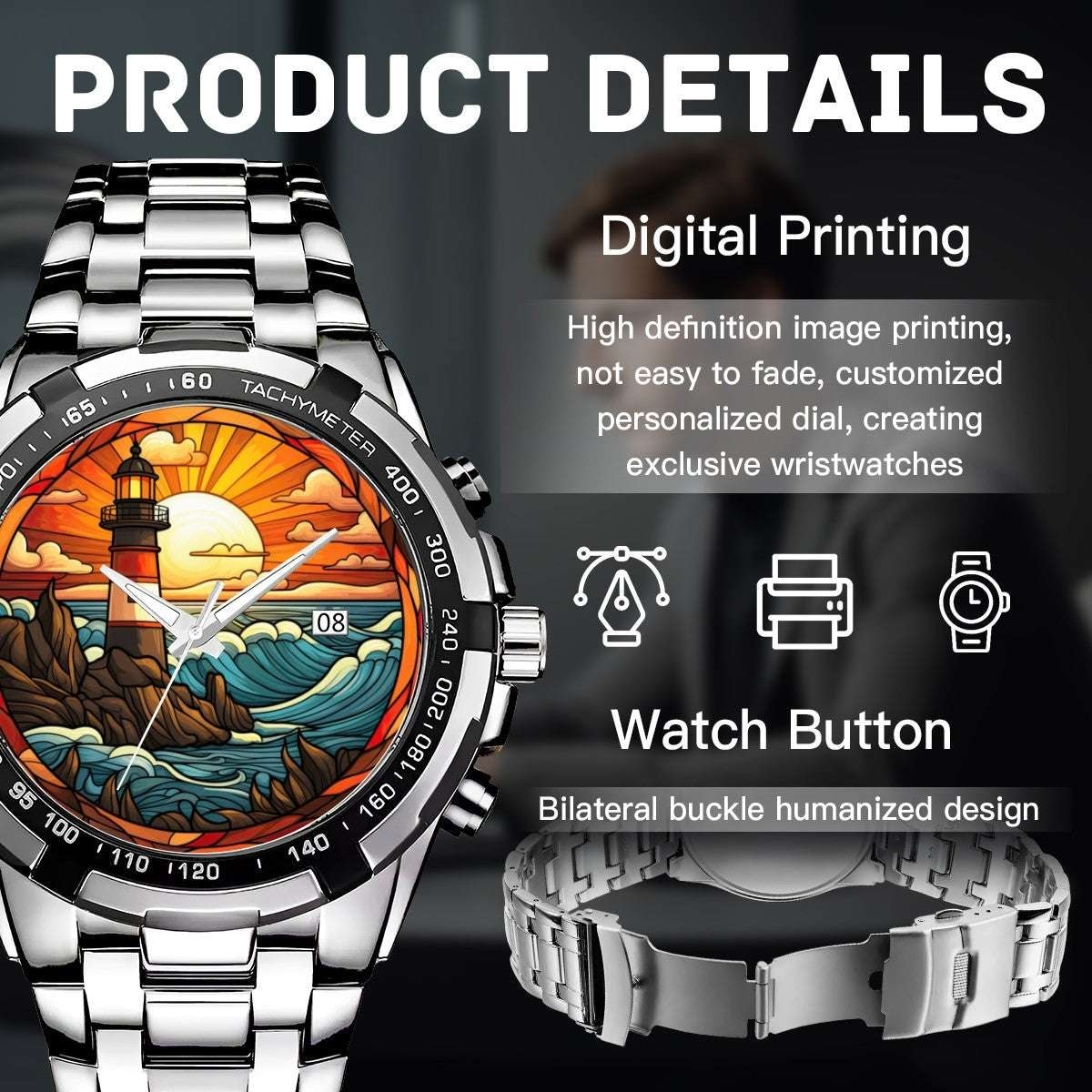 Sunset Sentinel Stained Glass Lighthouse Watch | Atlantic Coastal Art Timepiece