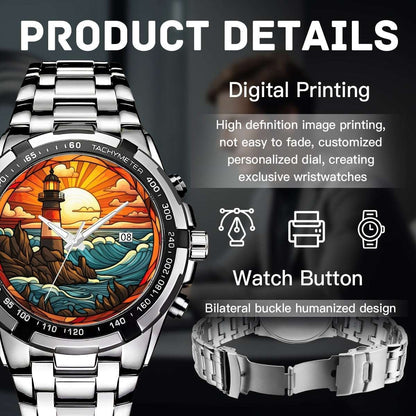 Sunset Sentinel Stained Glass Lighthouse Watch | Atlantic Coastal Art Timepiece