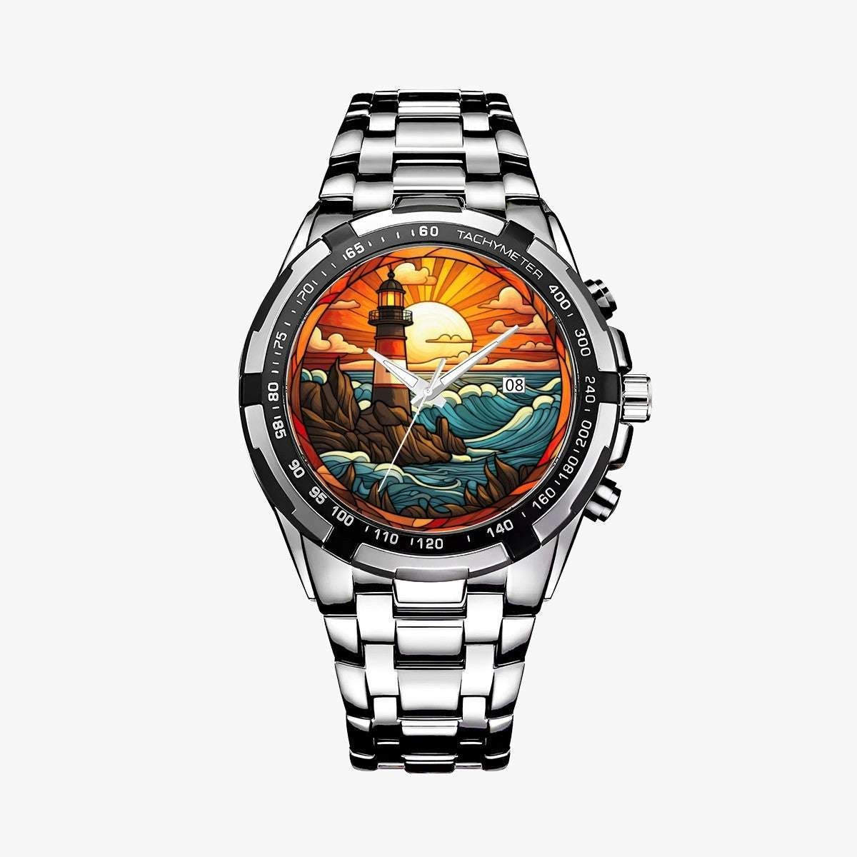 Sunset Sentinel Stained Glass Lighthouse Watch | Atlantic Coastal Art Timepiece