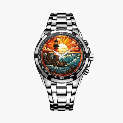 Sunset Sentinel Stained Glass Lighthouse Watch | Atlantic Coastal Art Timepiece