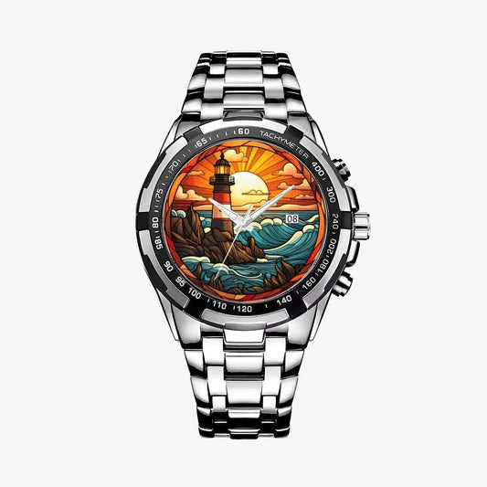 Sunset Sentinel Stained Glass Lighthouse Watch | Atlantic Coastal Art Timepiece